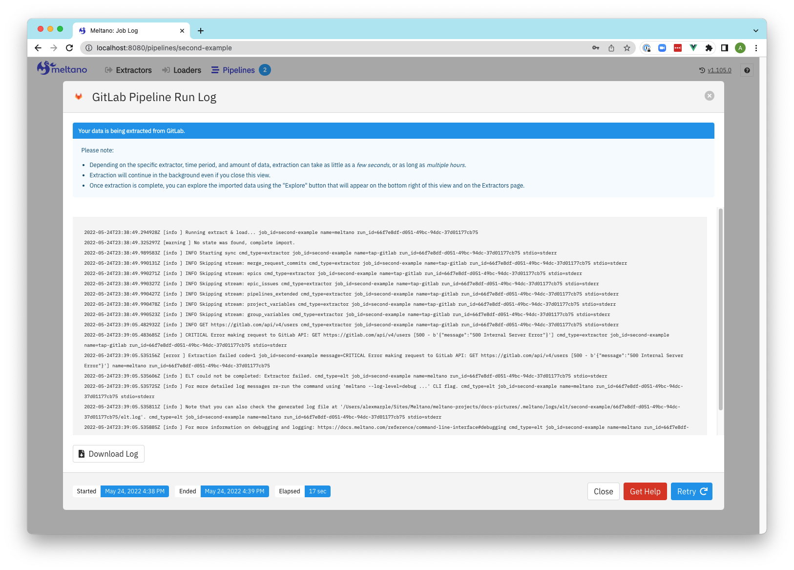 Extractors run log interface